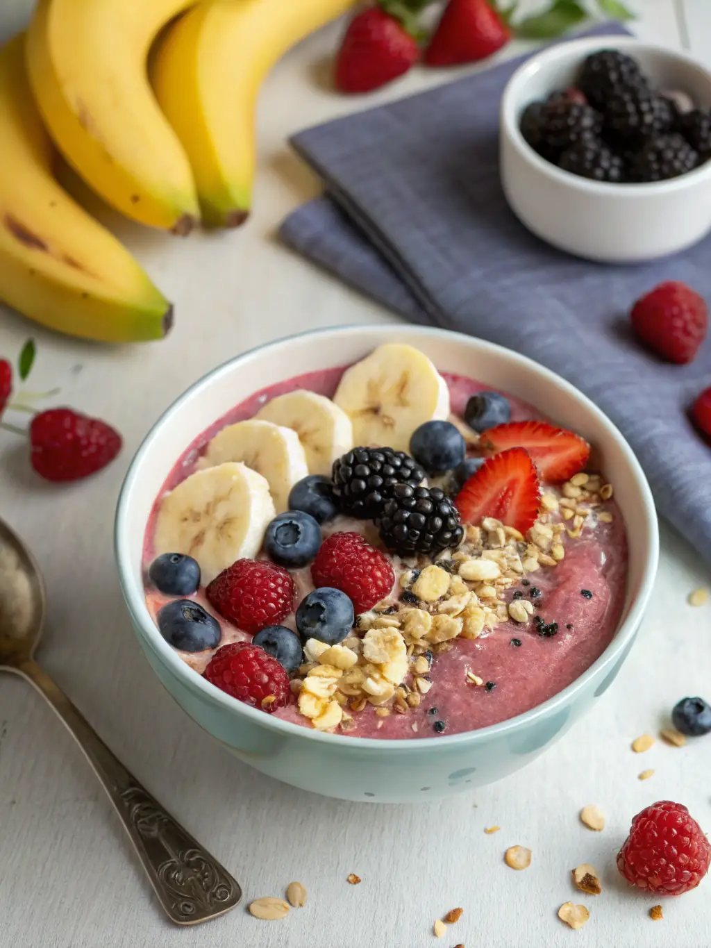 A tempting image of a smoothie bowl filled with blended berries, topped with granola, chia seeds, and sliced bananas, presented in a rustic bowl with a spoon.