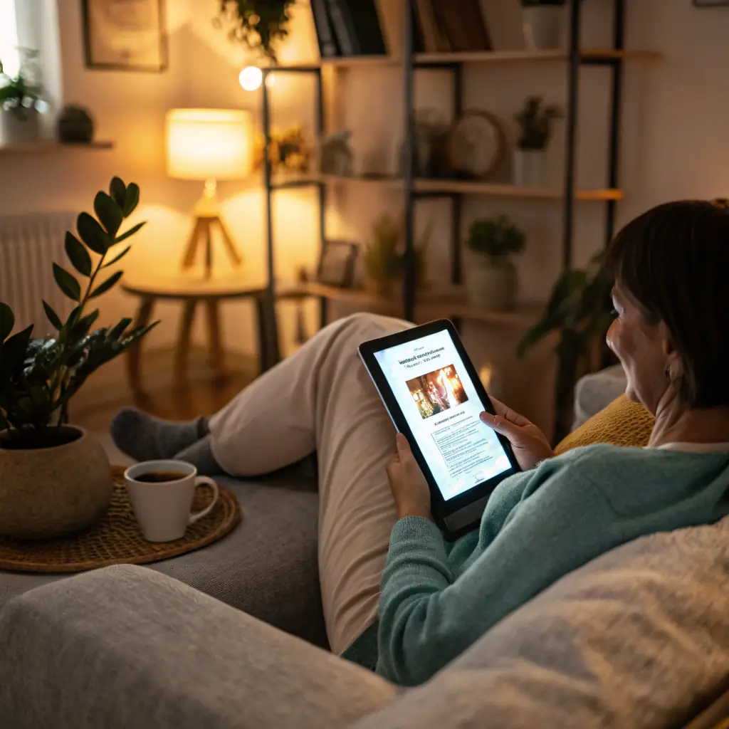 A person reading an ebook about healthy recipes in a cozy environment.